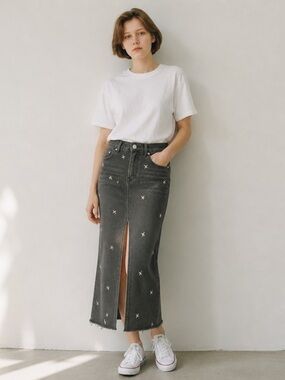 Indigo Rein Black Denim Midi Skirt with White Star Embroidery